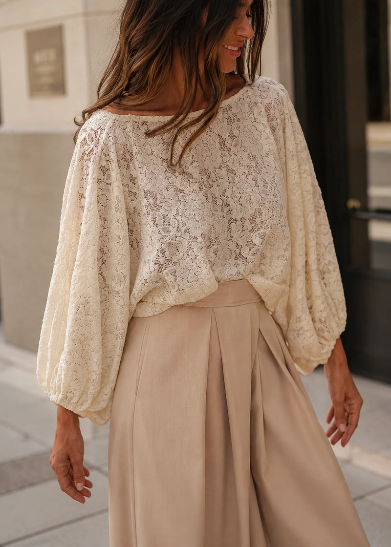SALAZIA Lace Twist-Front V-Neck Balloon Sleeve Shirts