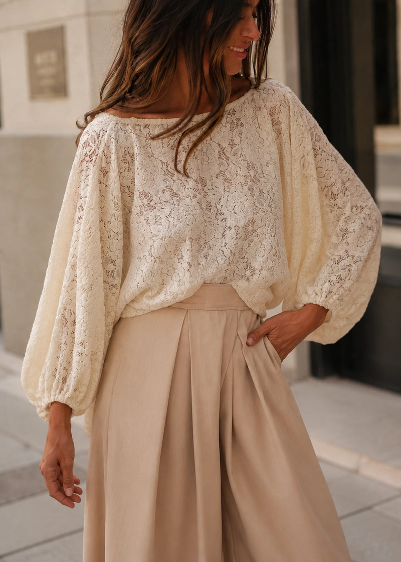 SALAZIA Lace Twist-Front V-Neck Balloon Sleeve Shirts