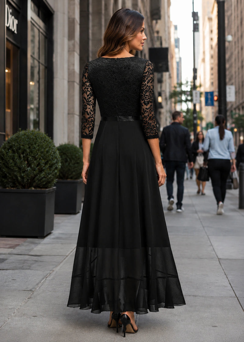 SALAZIA Lace V-Neck Ruffle High-Low Midi Dresses