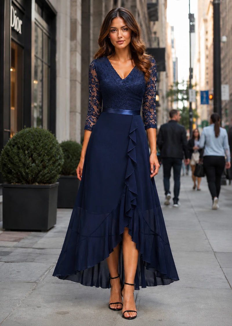 SALAZIA Lace V-Neck Ruffle High-Low Midi Dresses
