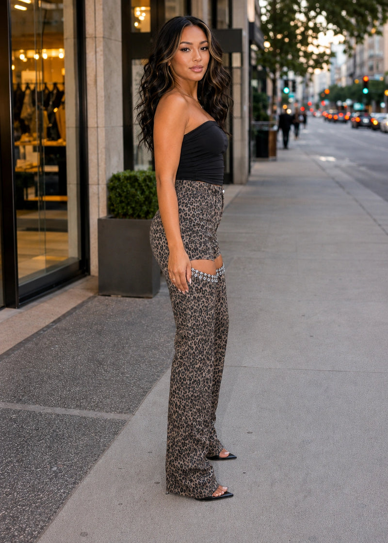 SALAZIA Leopard Rhinestone Cutout Straight Leg Pants