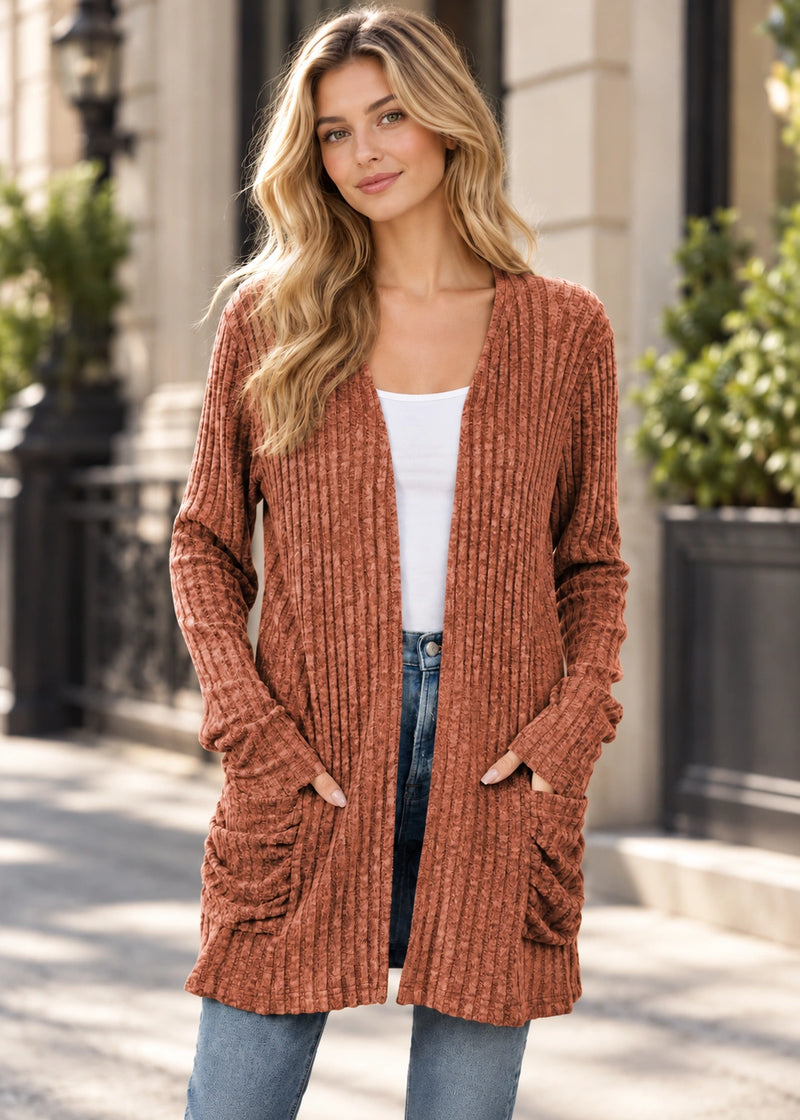 SALAZIA Marled Ribbed Knit Open-Front Longline Cardigan