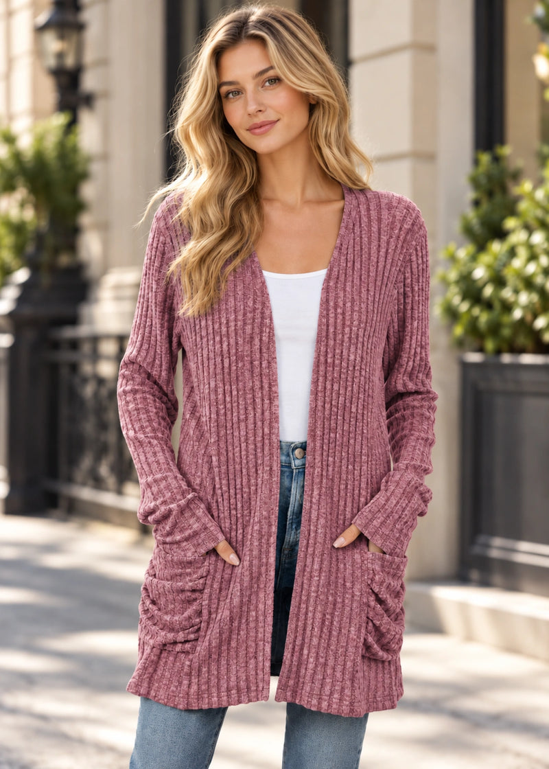 SALAZIA Marled Ribbed Knit Open-Front Longline Cardigan