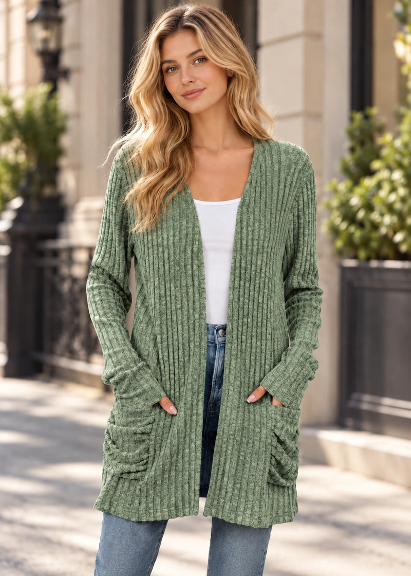 SALAZIA Marled Ribbed Knit Open-Front Longline Cardigan