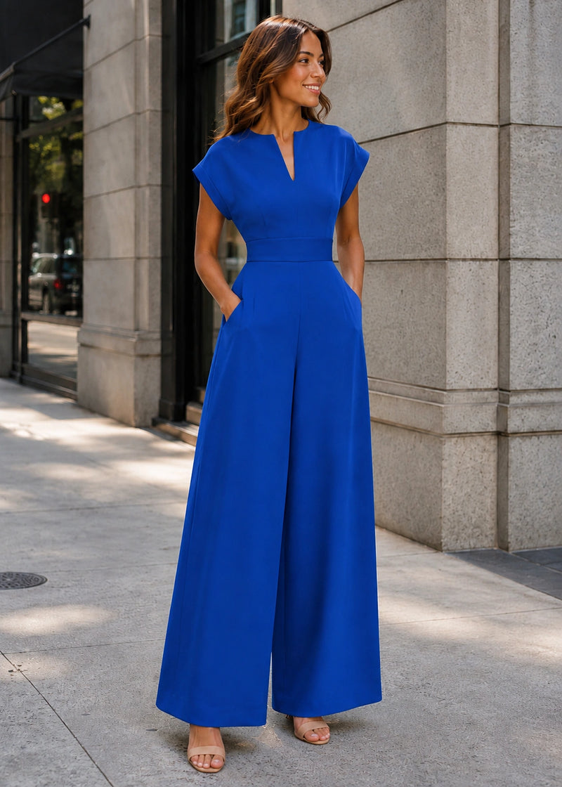 SALAZIA Notch Neck Structured Cap Sleeve Wide-Leg Jumpsuits