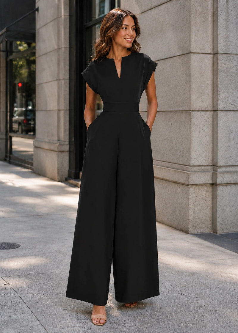 SALAZIA Notch Neck Structured Cap Sleeve Wide-Leg Jumpsuits