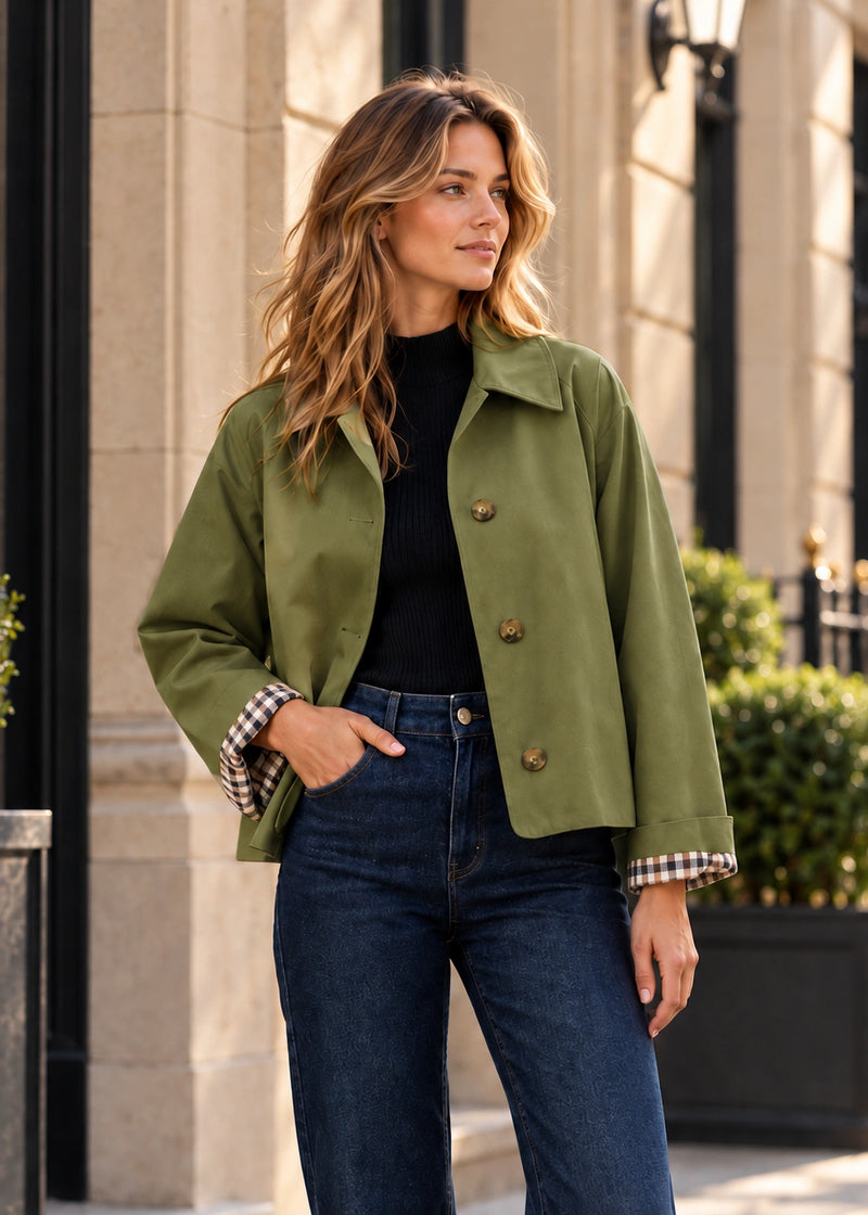 SALAZIA Notched Lapel Button-Front Plaid Cuff Jacket