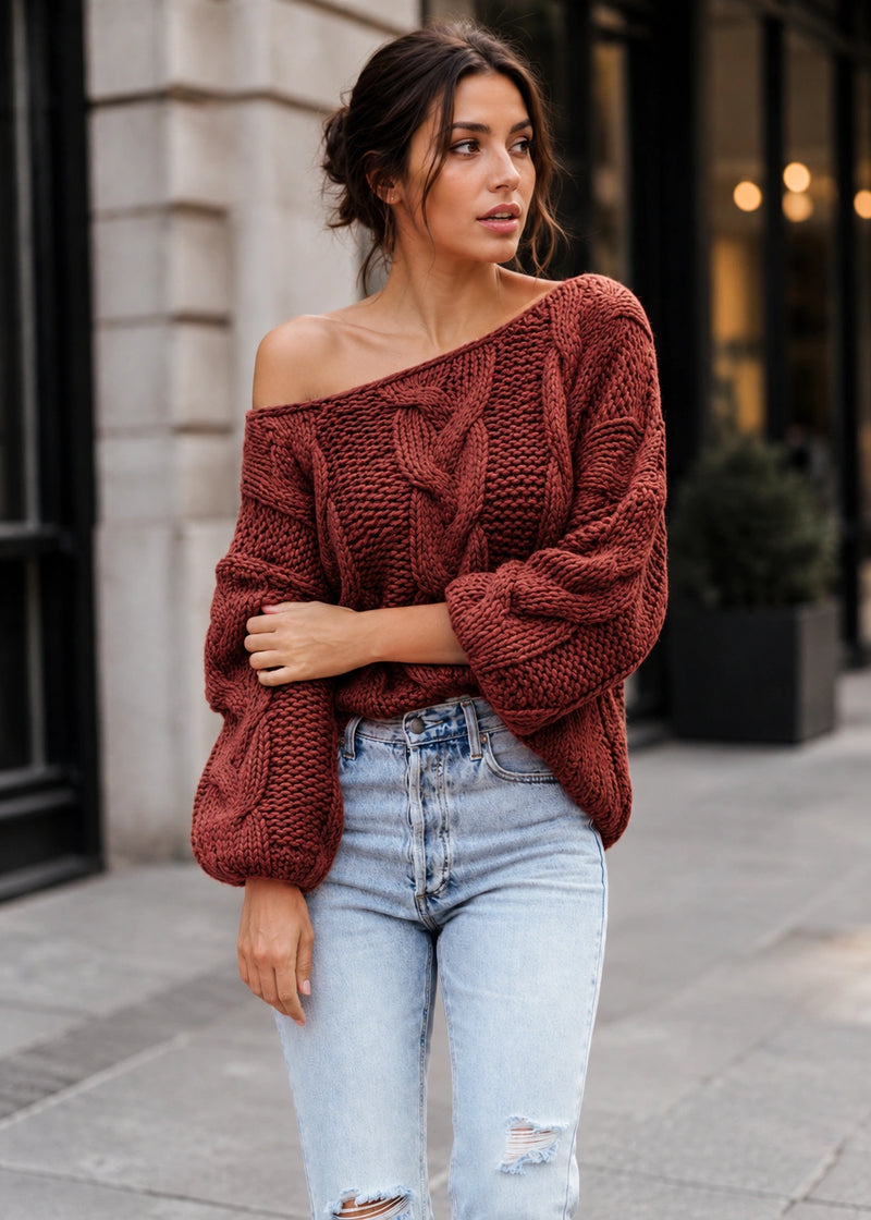 SALAZIA Off-Shoulder Cable Knit Oversized Sweaters
