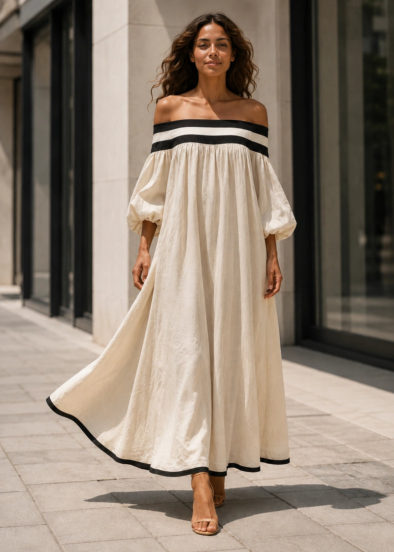SALAZIA Off Shoulder Contrast Trim Loose Maxi Dresses