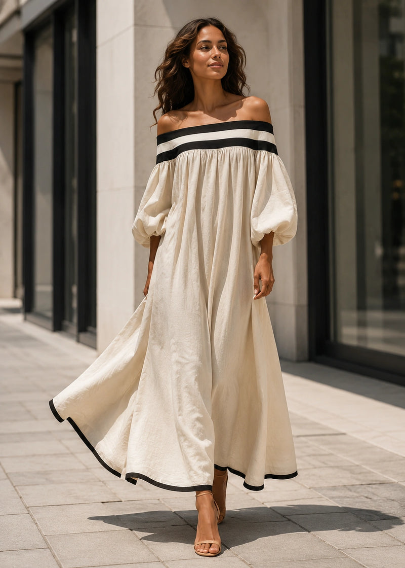 SALAZIA Off Shoulder Contrast Trim Loose Maxi Dresses