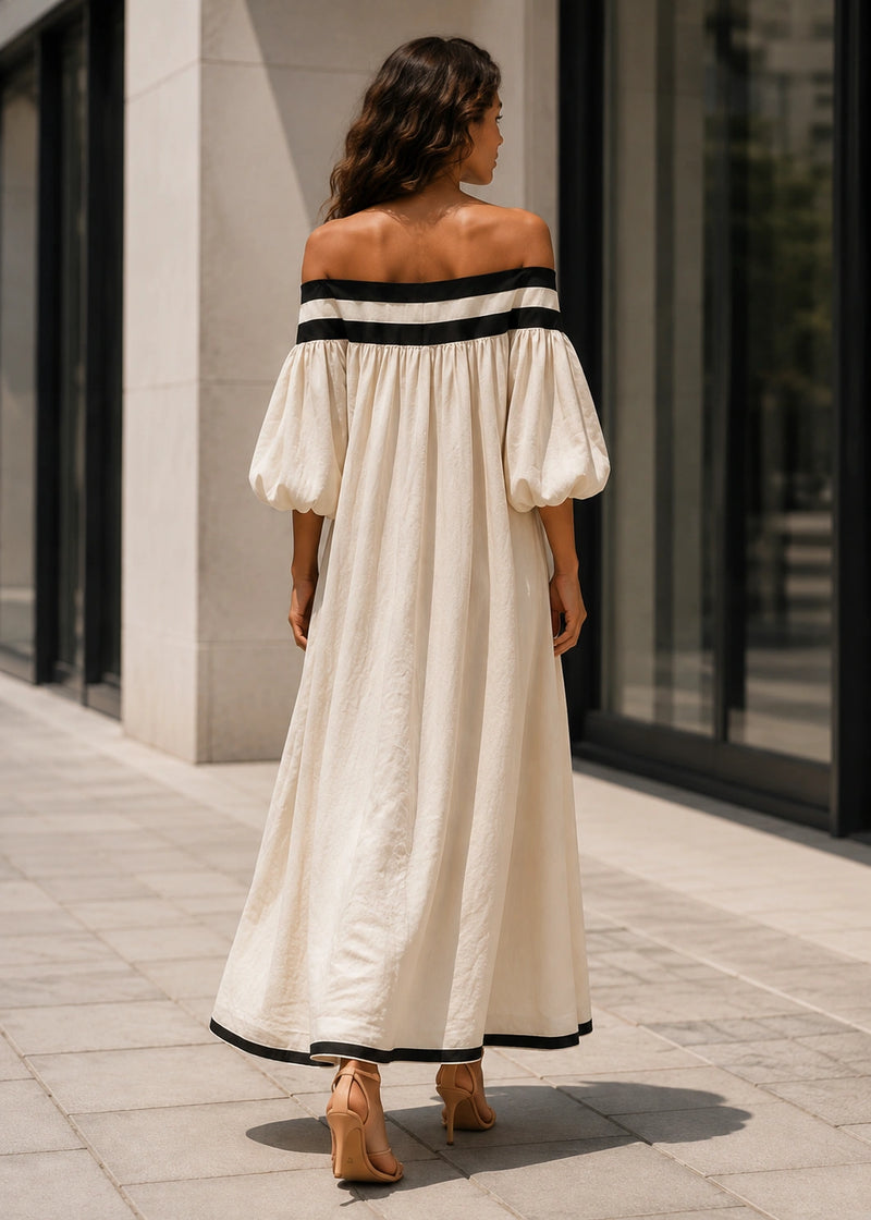 SALAZIA Off Shoulder Contrast Trim Loose Maxi Dresses