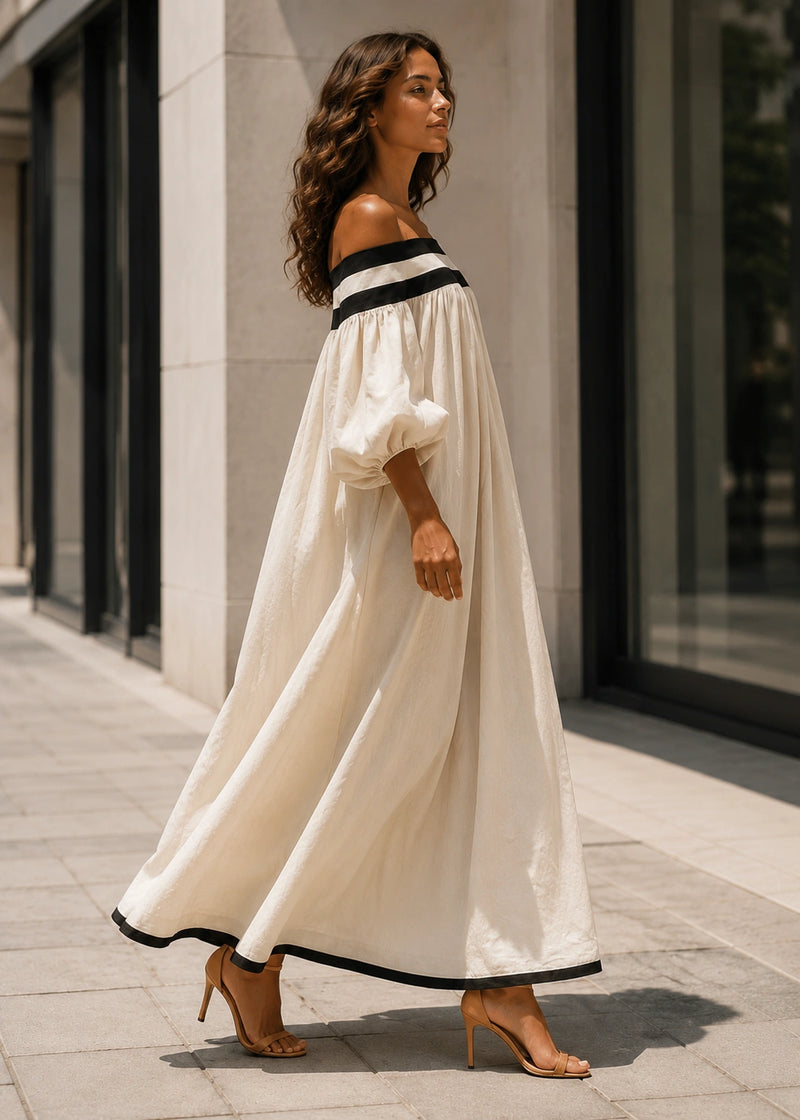 SALAZIA Off Shoulder Contrast Trim Loose Maxi Dresses