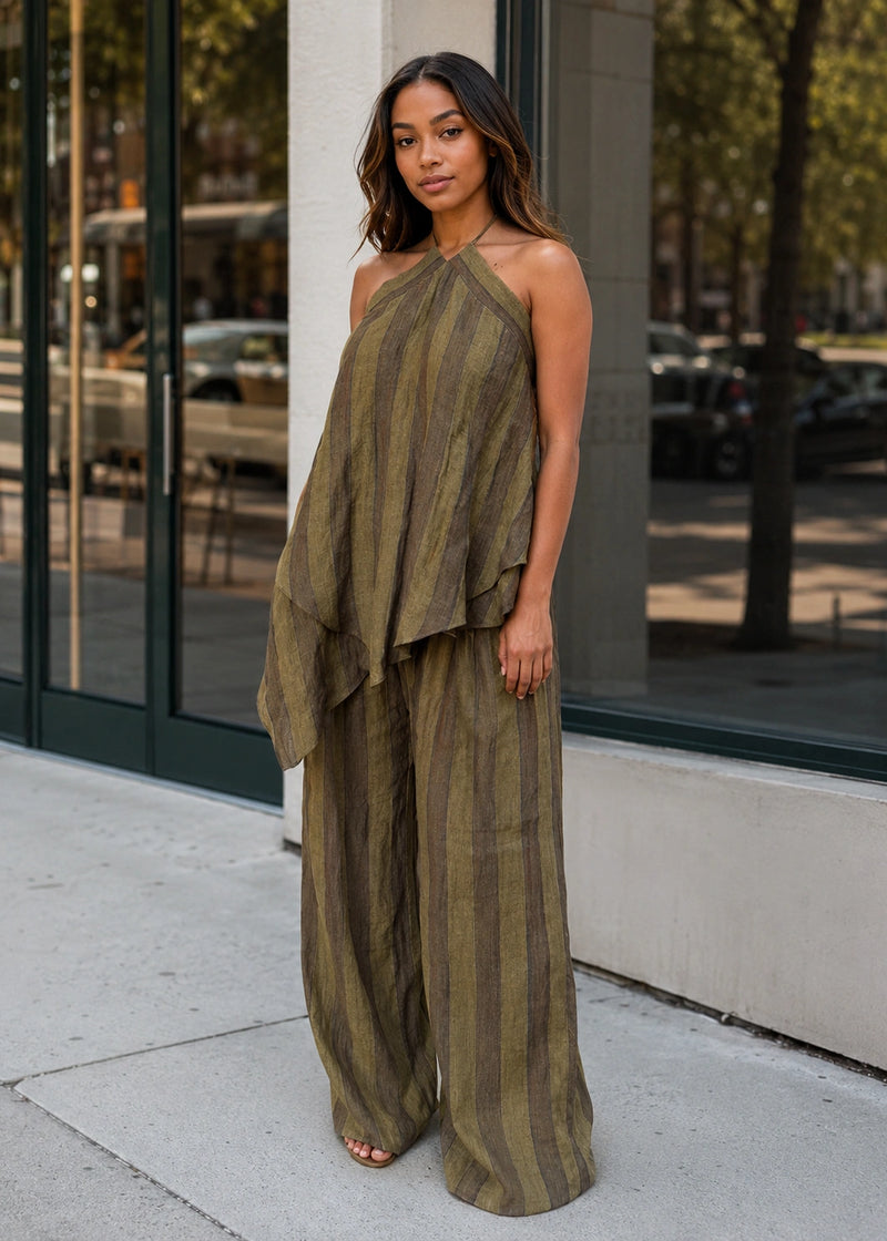 SALAZIA Olive Stripe Halter Draped Top & Wide-Leg Pants Sets