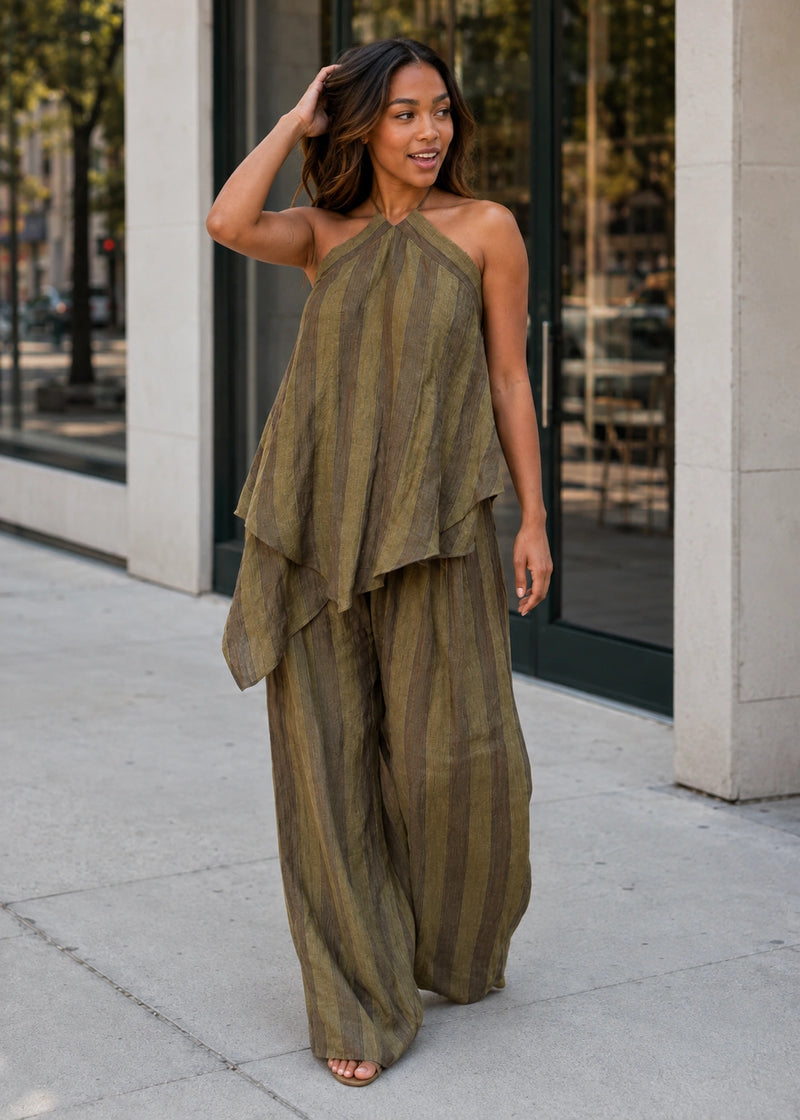 SALAZIA Olive Stripe Halter Draped Top & Wide-Leg Pants Sets