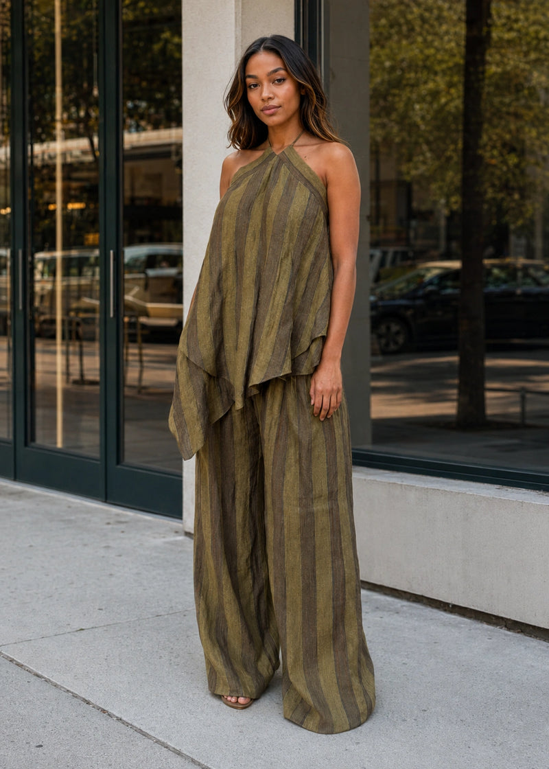 SALAZIA Olive Stripe Halter Draped Top & Wide-Leg Pants Sets