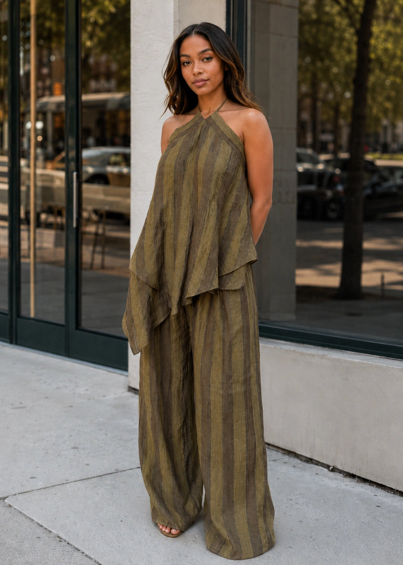 SALAZIA Olive Stripe Halter Draped Top & Wide-Leg Pants Sets