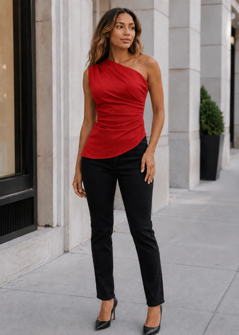 SALAZIA One-Shoulder Ruched Asymmetric Hem Fitted Tops