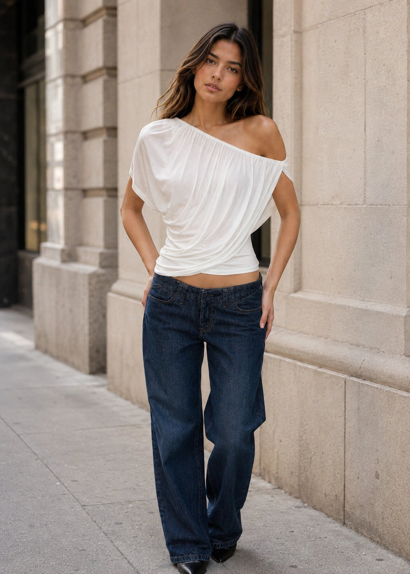 SALAZIA One-Shoulder Ruched Draped Fitted Tops