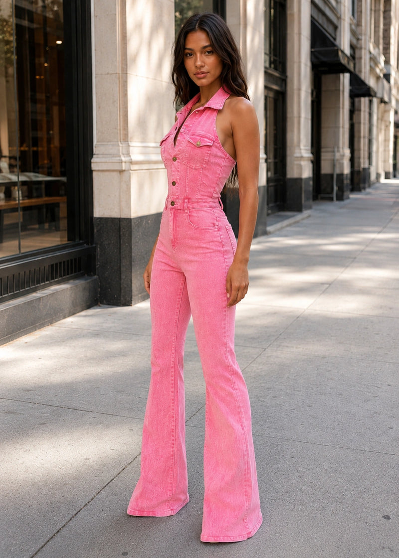 SALAZIA Pink Washed Halter Button-Front Flare Denim Jumpsuits