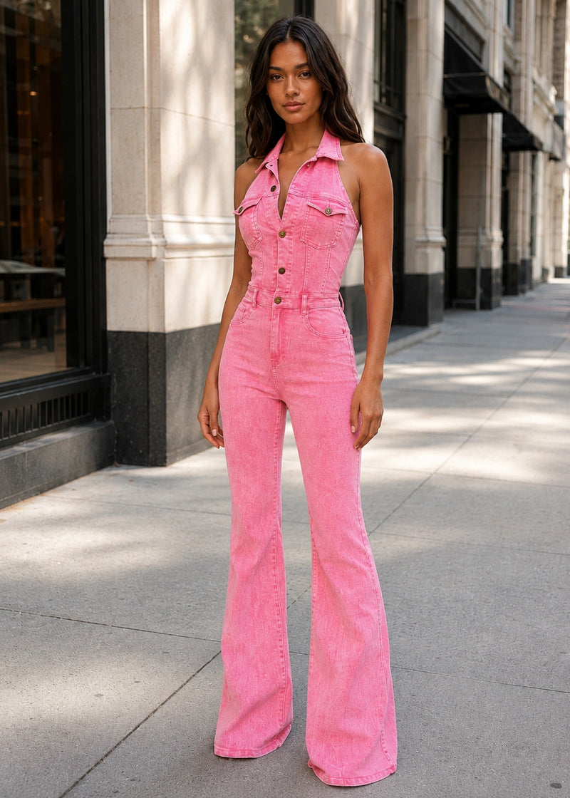 SALAZIA Pink Washed Halter Button-Front Flare Denim Jumpsuits