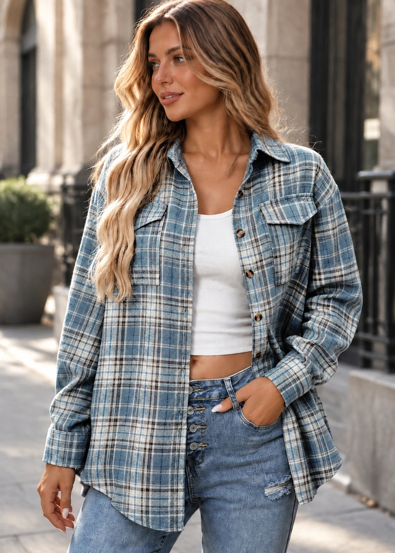 SALAZIA Plaid Button-Front Patch Pocket Relaxed Long Sleeves Shirt