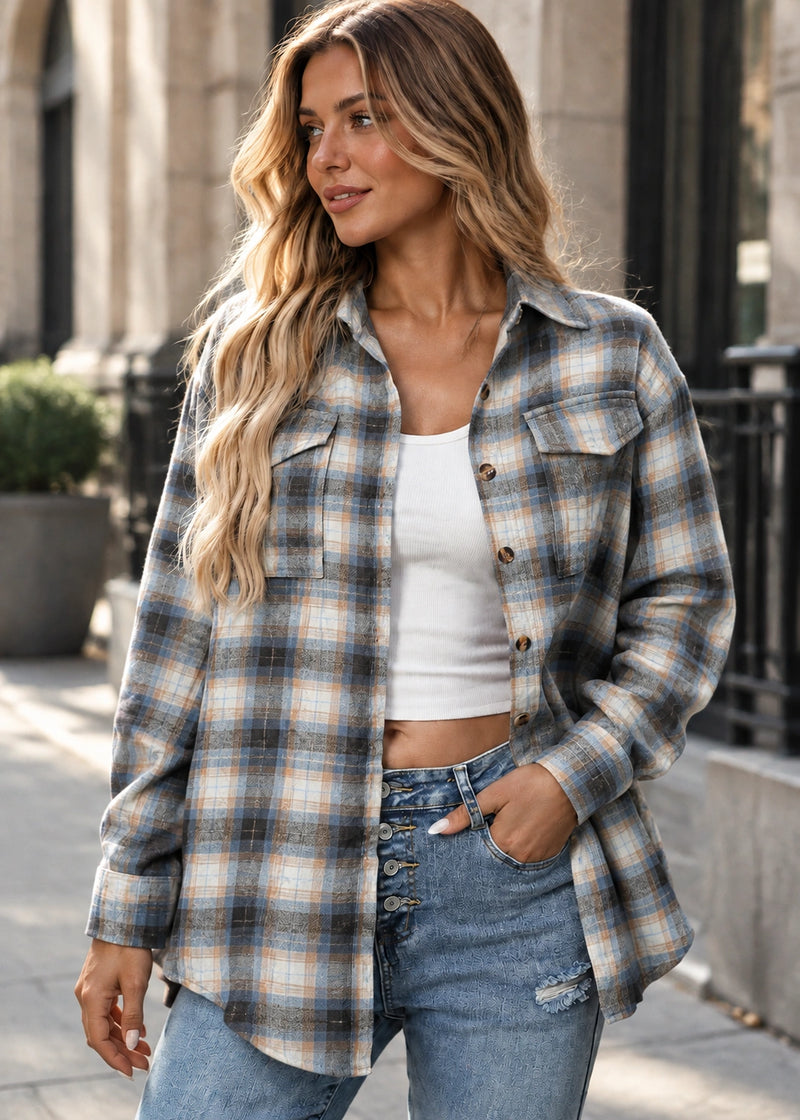 SALAZIA Plaid Button-Front Patch Pocket Relaxed Long Sleeves Shirt