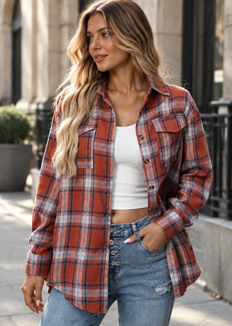 SALAZIA Plaid Button-Front Patch Pocket Relaxed Long Sleeves Shirt