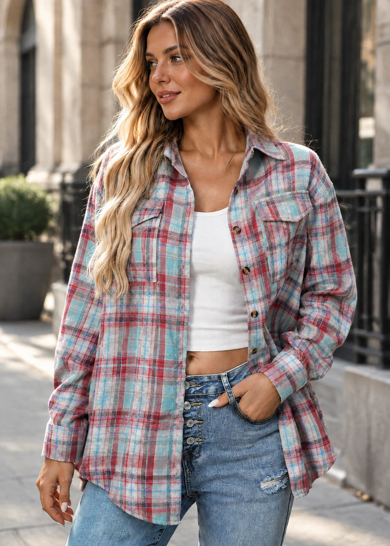 SALAZIA Plaid Button-Front Patch Pocket Relaxed Long Sleeves Shirt