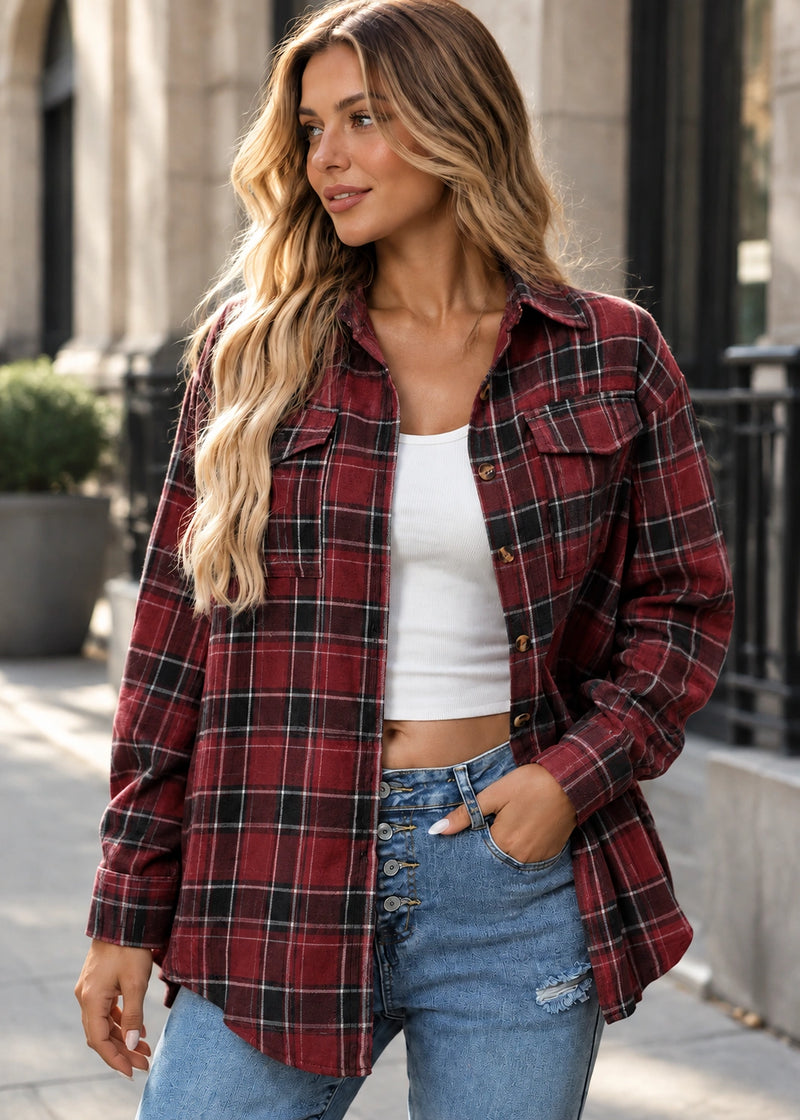 SALAZIA Plaid Button-Front Patch Pocket Relaxed Long Sleeves Shirt