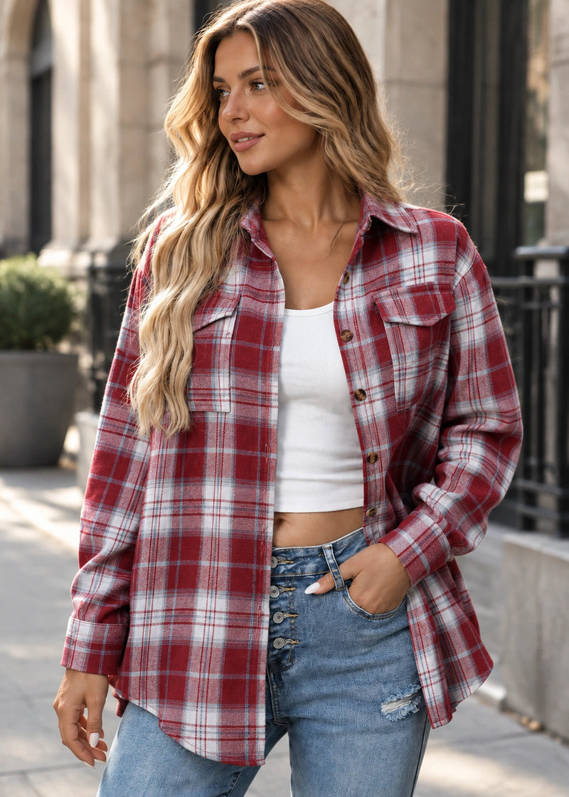 SALAZIA Plaid Button-Front Patch Pocket Relaxed Long Sleeves Shirt