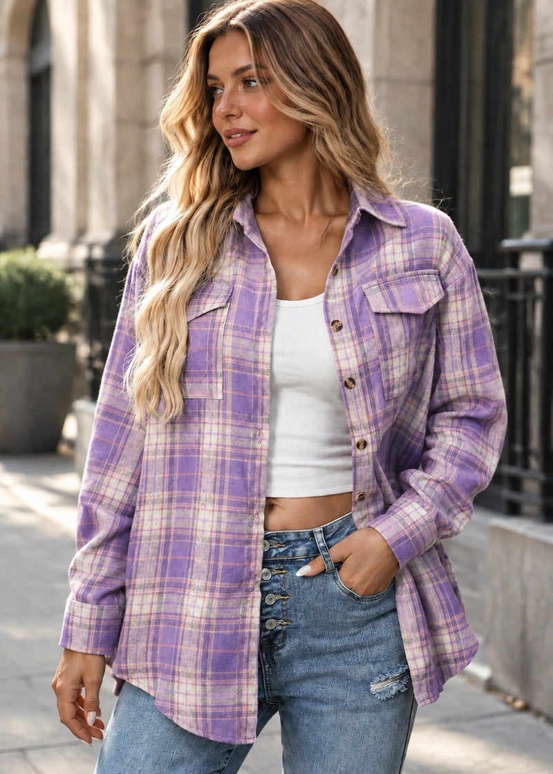 SALAZIA Plaid Button-Front Patch Pocket Relaxed Long Sleeves Shirt