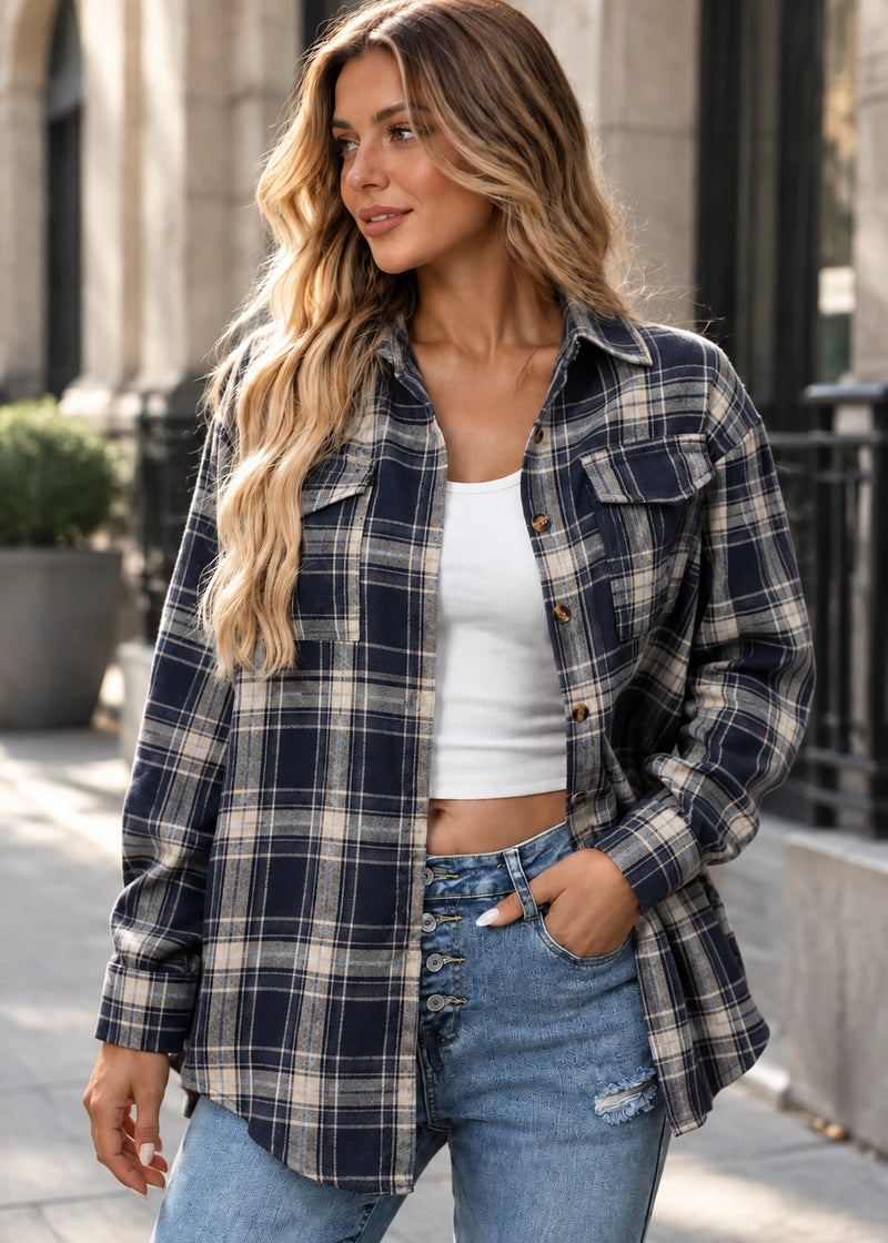 SALAZIA Plaid Button-Front Patch Pocket Relaxed Long Sleeves Shirt