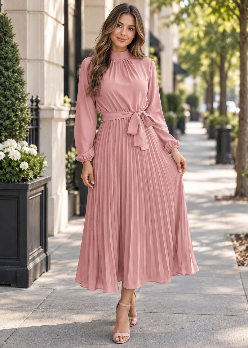 SALAZIA Pleated Belted Maxi Dresses
