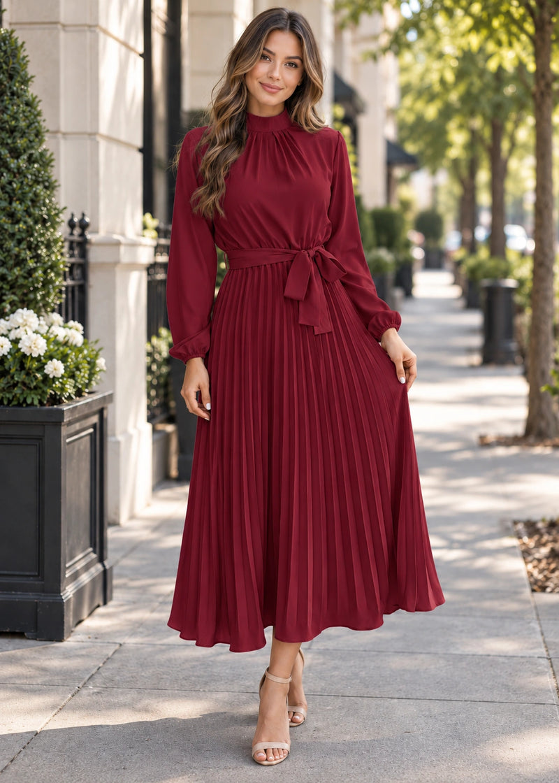 SALAZIA Pleated Belted Maxi Dresses