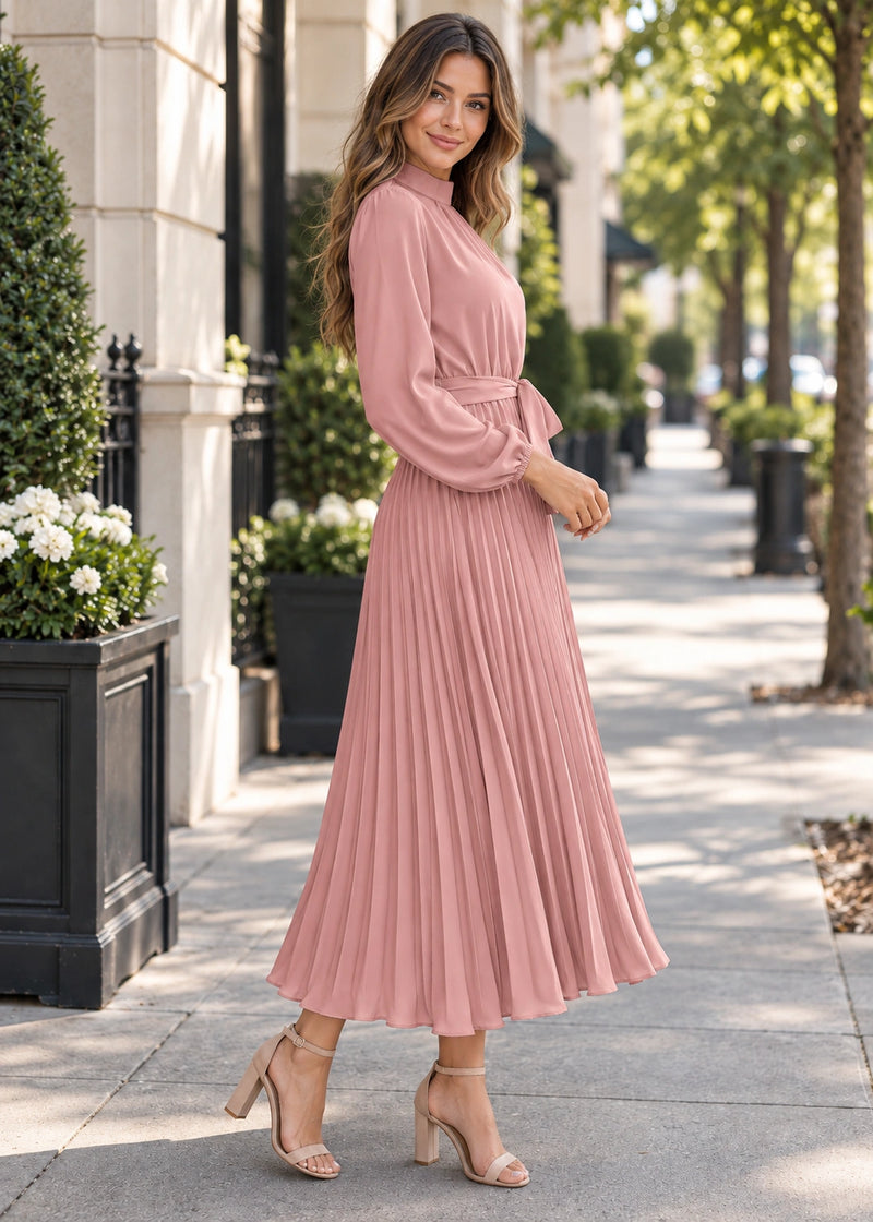 SALAZIA Pleated Belted Maxi Dresses