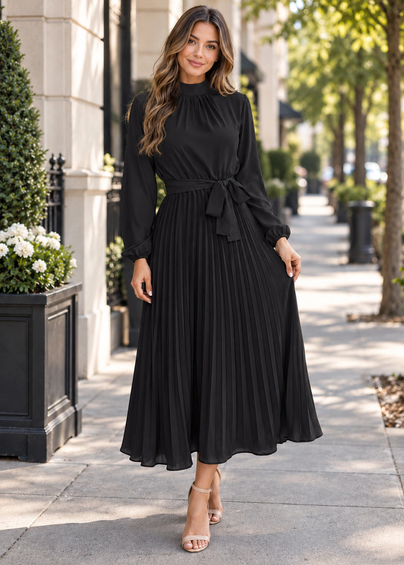 SALAZIA Pleated Belted Maxi Dresses