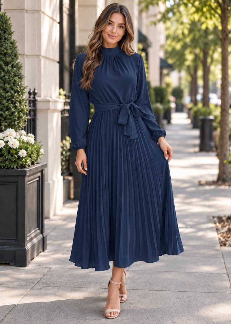 SALAZIA Pleated Belted Maxi Dresses