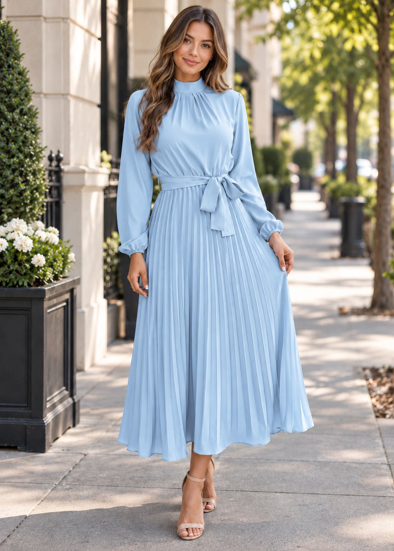 SALAZIA Pleated Belted Maxi Dresses