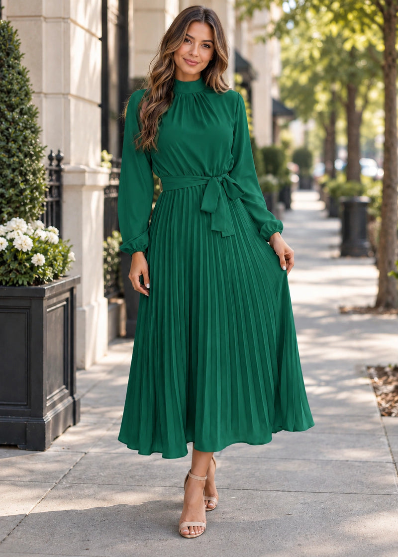 SALAZIA Pleated Belted Maxi Dresses