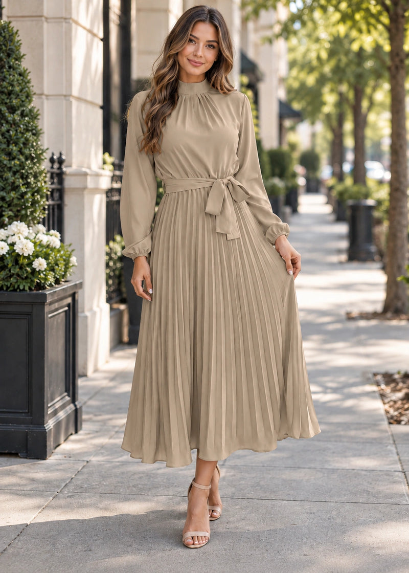 SALAZIA Pleated Belted Maxi Dresses