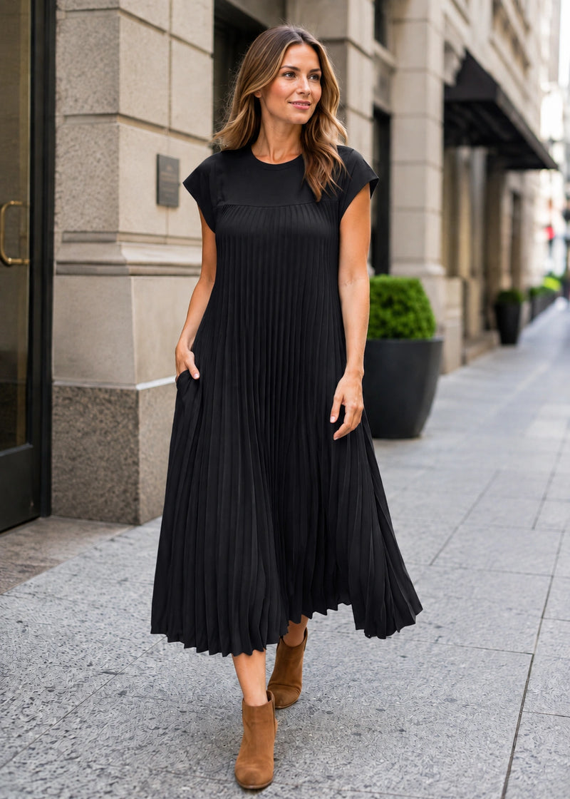 SALAZIA Pleated Cap Sleeve Maxi Dresses