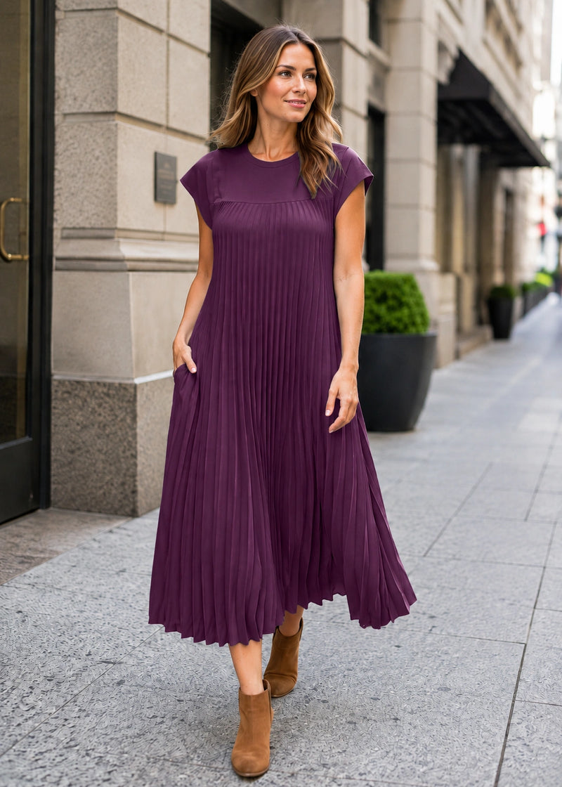 SALAZIA Pleated Cap Sleeve Maxi Dresses