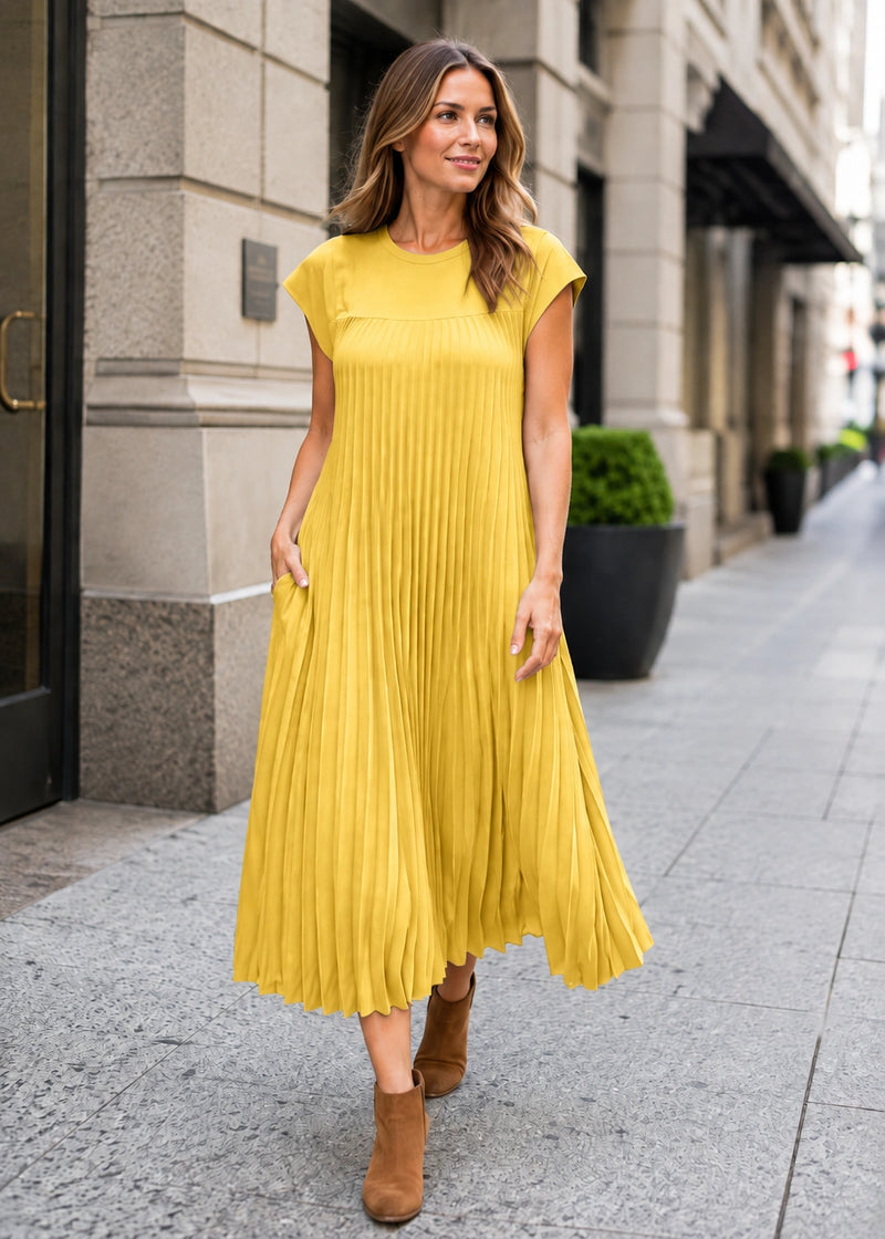 SALAZIA Pleated Cap Sleeve Maxi Dresses