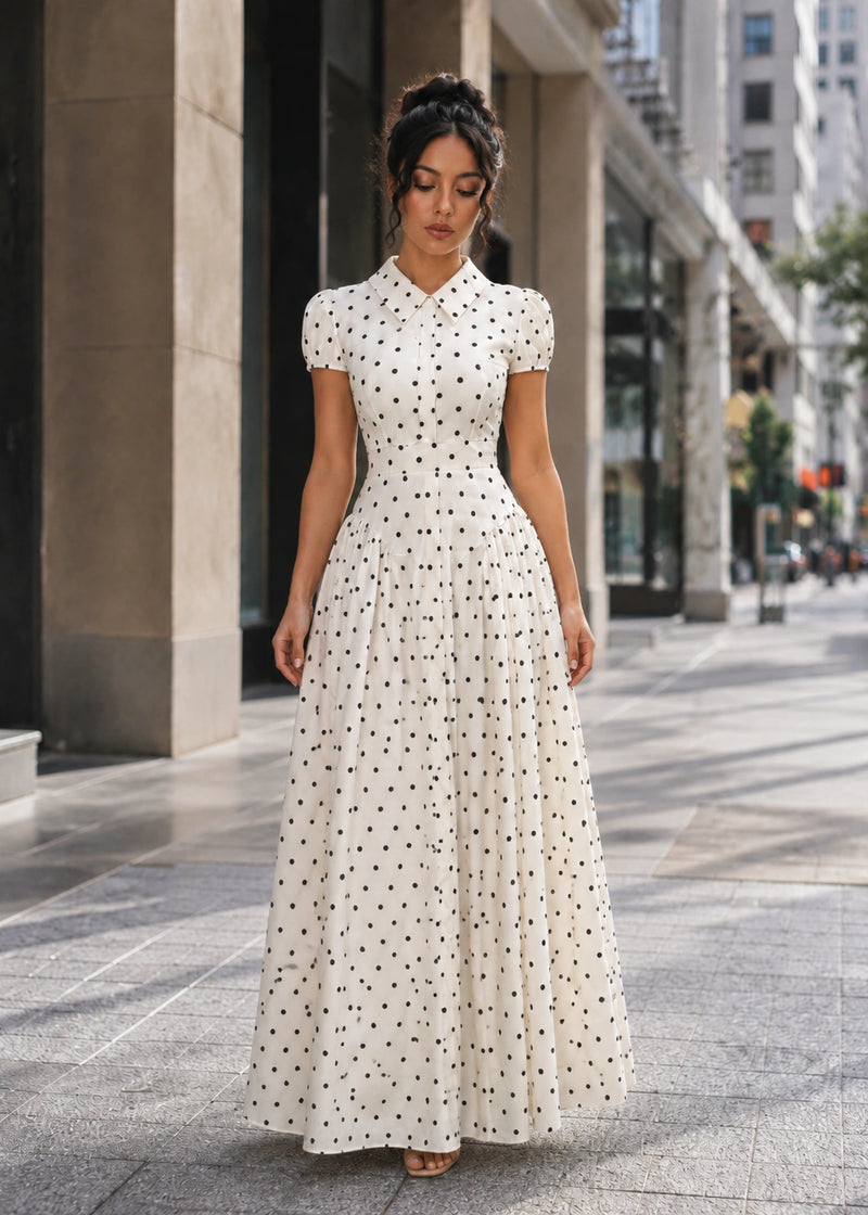 SALAZIA Polka Dot Collared Short Sleeve Maxi Dresses