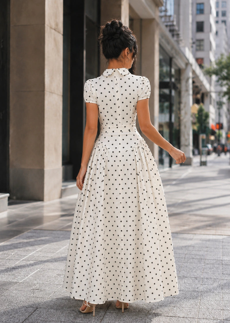 SALAZIA Polka Dot Collared Short Sleeve Maxi Dresses