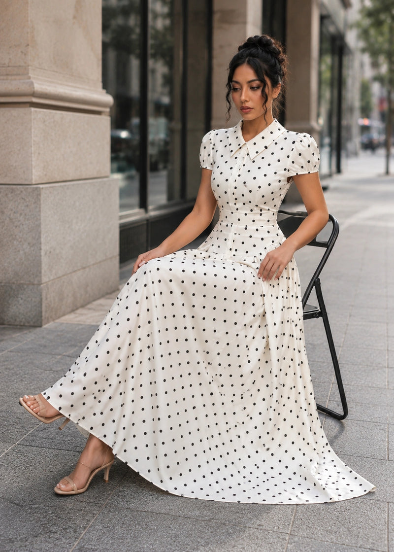 SALAZIA Polka Dot Collared Short Sleeve Maxi Dresses