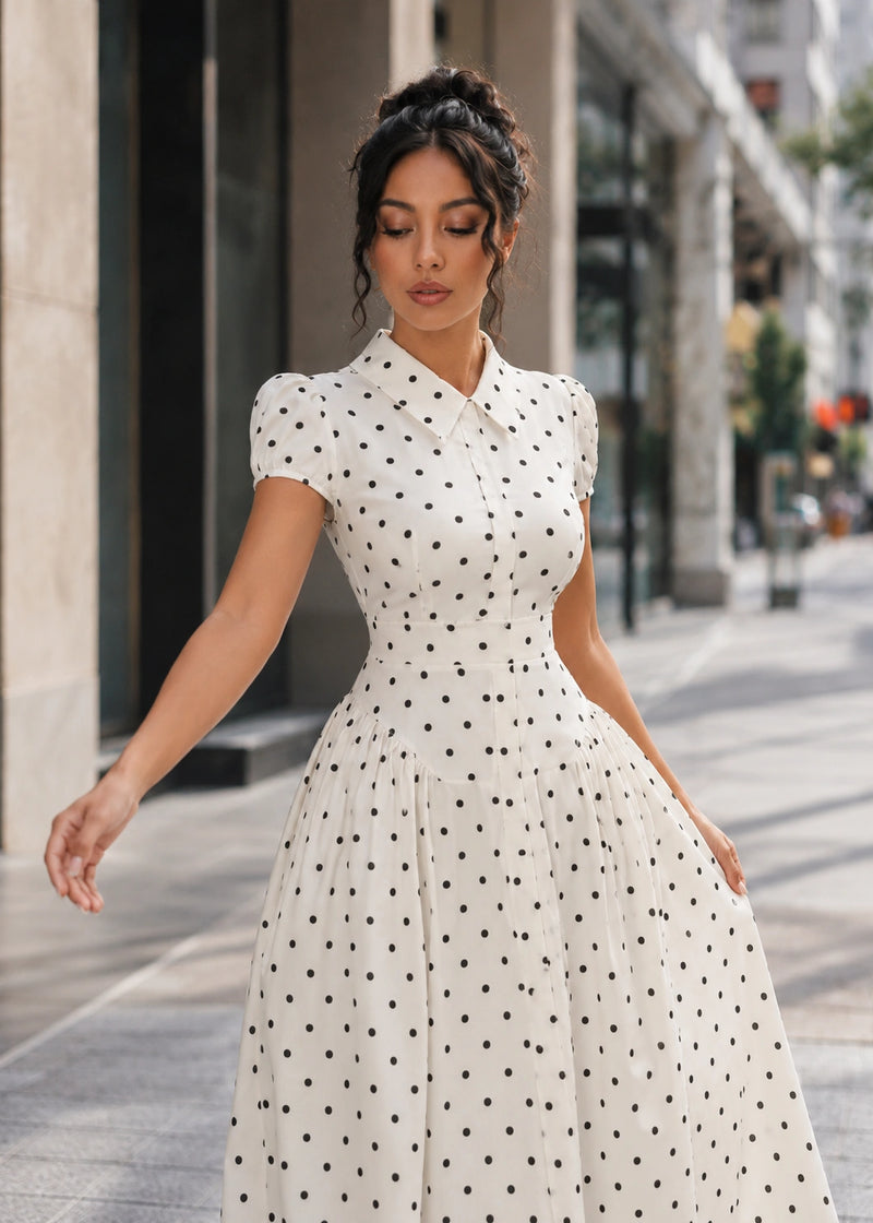 SALAZIA Polka Dot Collared Short Sleeve Maxi Dresses