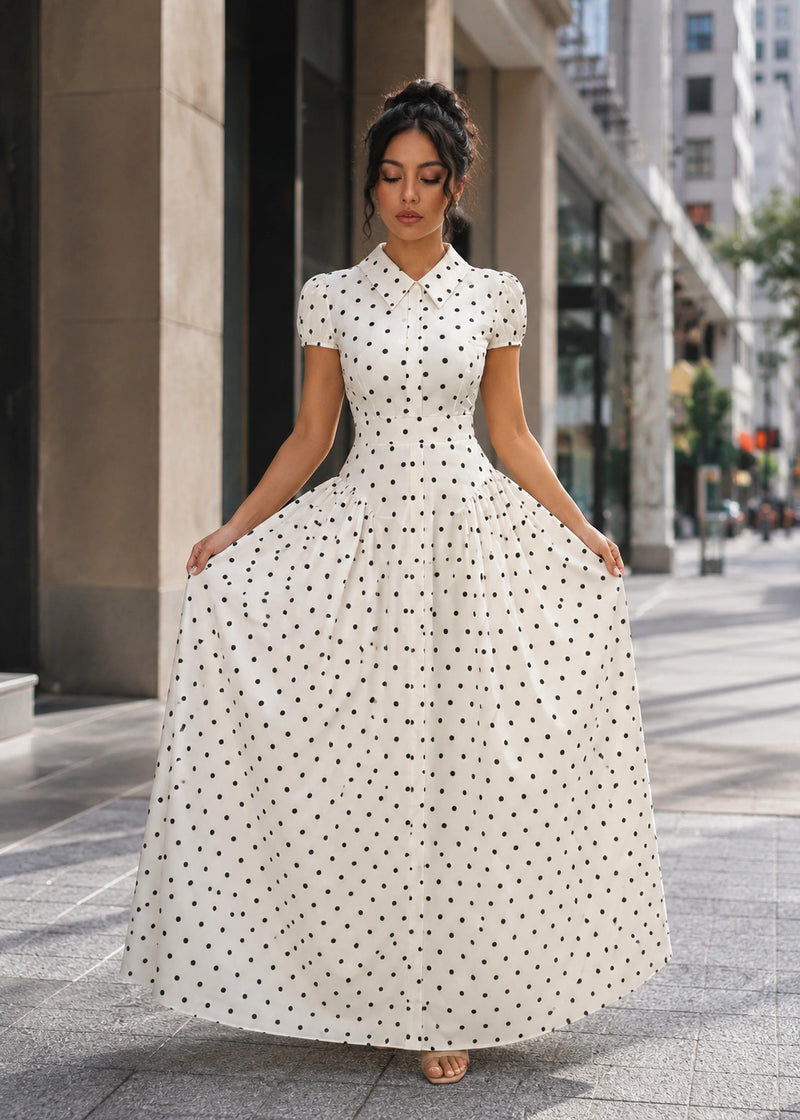 SALAZIA Polka Dot Collared Short Sleeve Maxi Dresses