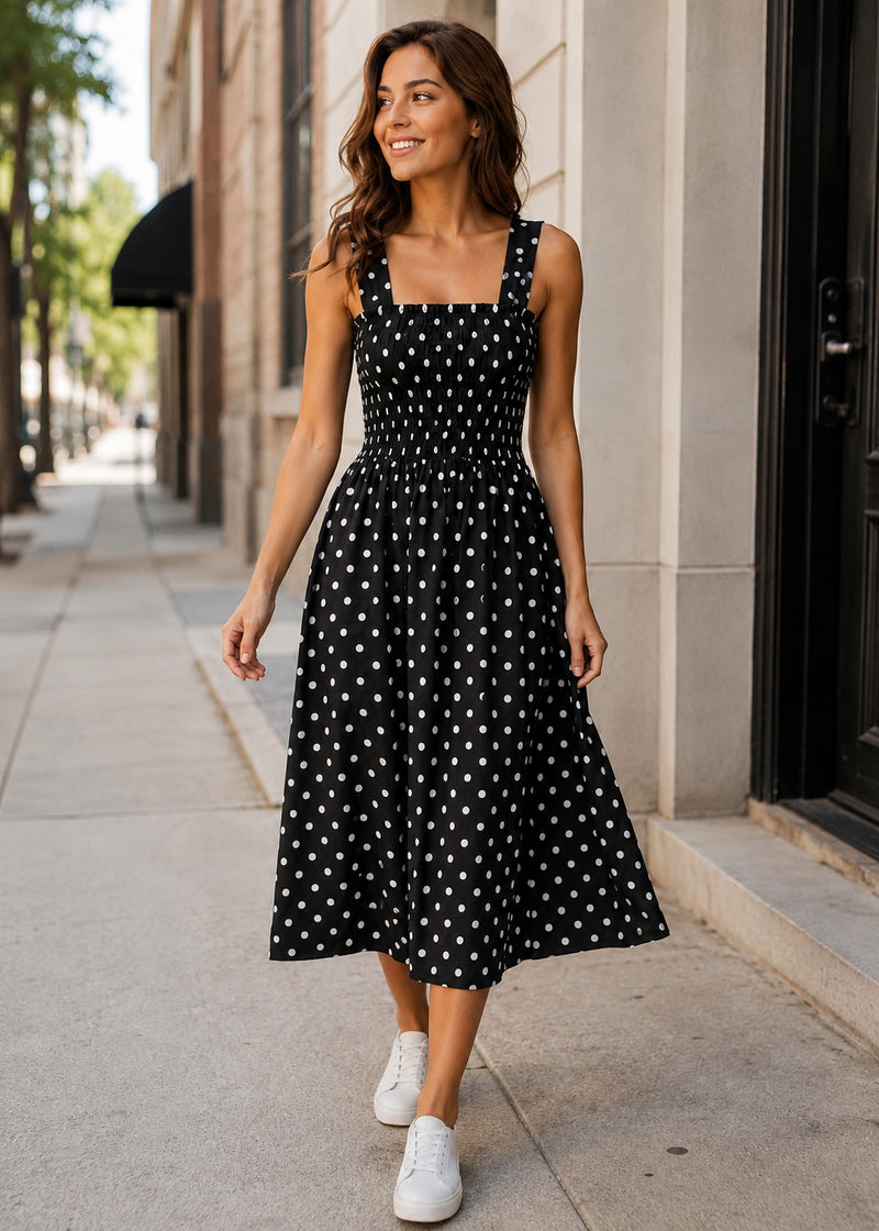 SALAZIA Polka Dot Smocked Midi Dresses