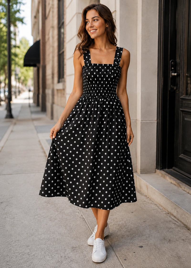 SALAZIA Polka Dot Smocked Midi Dresses